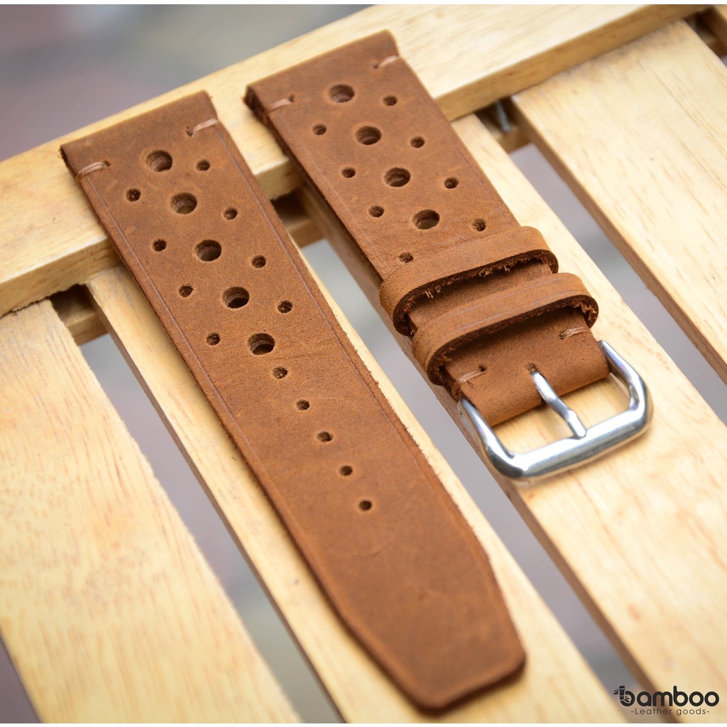 Dây đồng hồ da bò đục lỗ handmade thật 100% đốt không cháy thoáng mát cổ tay - Mẫu DD08 Bamboo Leather Good