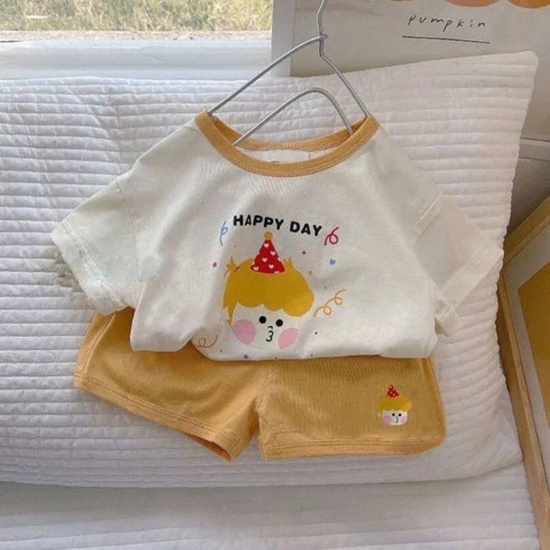 Bộ đồ 2 món gồm áo thun cotton ngắn tay + quần short mùa hè phong cách phương Tây hoạ tiết phim hoạt hình cho bé