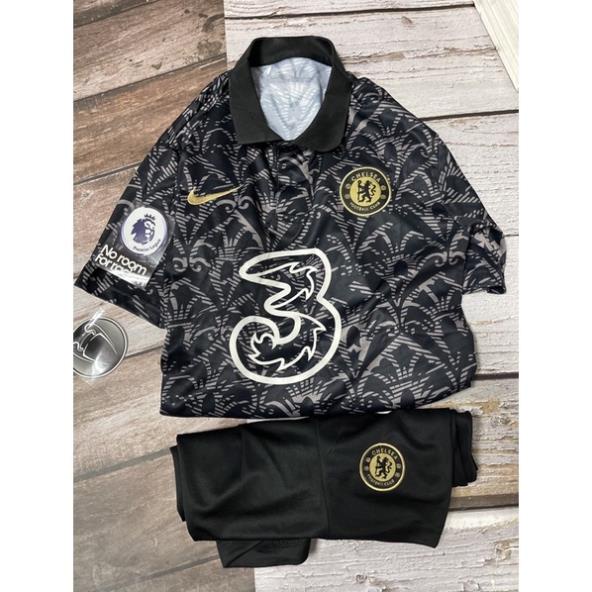 Set Bộ quần áo thể thao bóng đá nam nữ vải gai thái clb chelsea áo đen 3D hoa văn quần đen 2022 223 💋 *