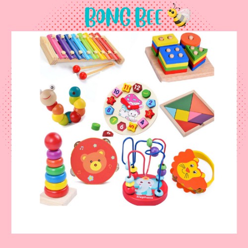 Đồ chơi gỗ thông minh phát triển tư duy cho bé, sâu gỗ, đồng hồ, luồn hạt - Đồ chơi Montessori, phụ kiện busy board