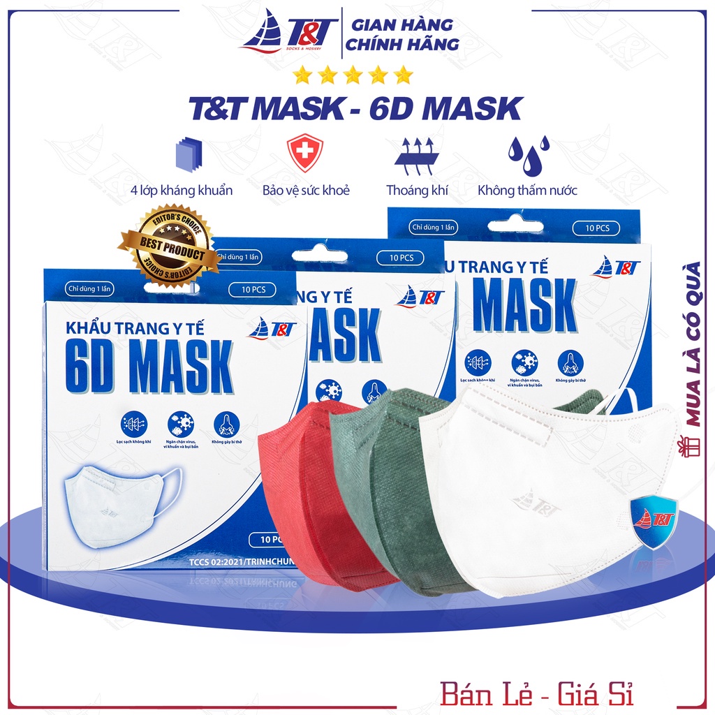 Set 50 chiếc khẩu trang y tế 6D MASK vải không dệt SMS Plus 3+, khẩu trang kháng khuẩn chính hãng T&amp;T MASK