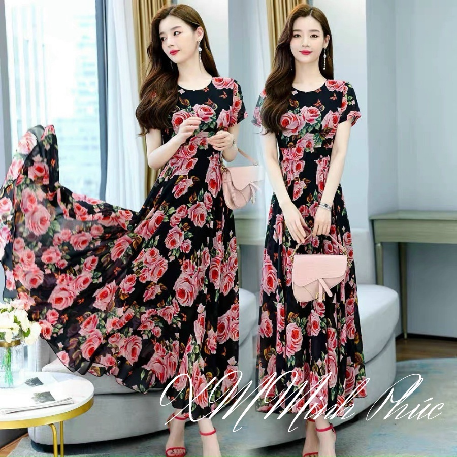 Đầm Maxi Đi Biển Dự Tiệc Dạ Hội,đầm Voan Hoa Dáng Xòe Dài Thiết Kế Tay Phồng Tiểu Thư Sang Chảnh Thời Trang Xm Minh Phúc