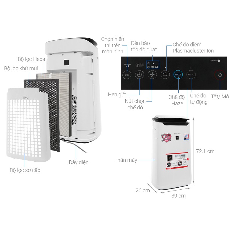 Máy lọc không khí Sharp FP-J60E-W - 48m2 - Thái Lan