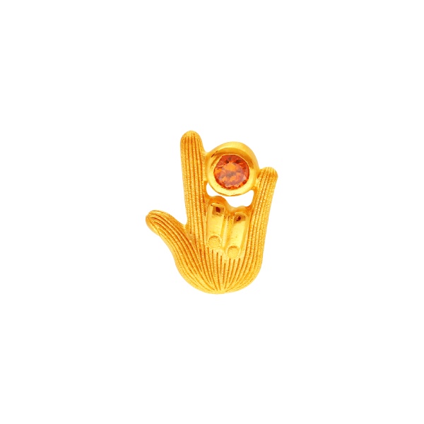 Khuyên tai vàng 24k PRIMA GOLD bàn tay Rock and Roll I Love You đính đá sapphire màu cam - 165E0853 (1 chiếc)
