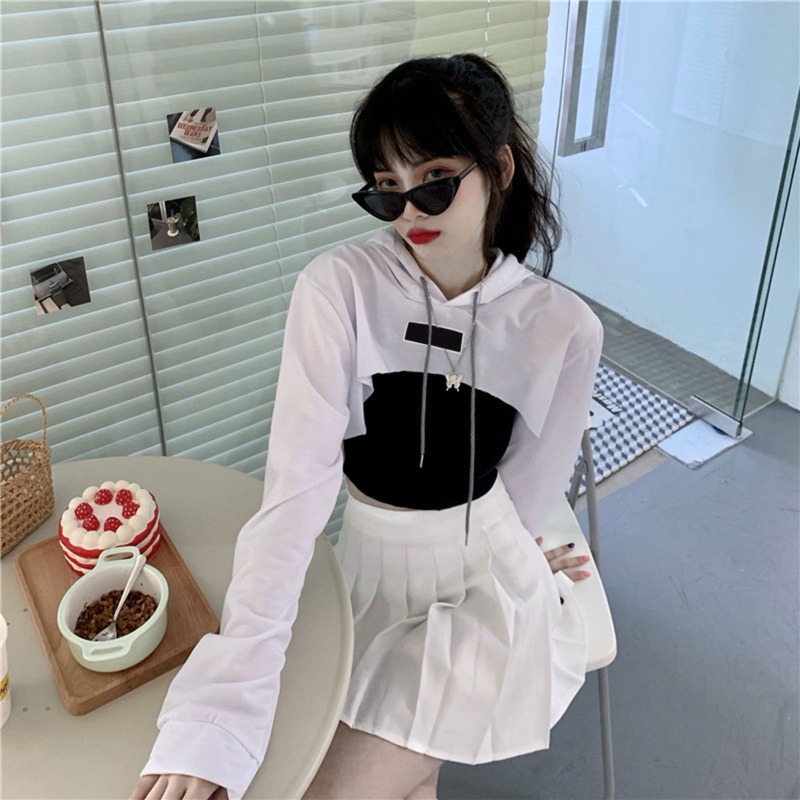 Youyo Áo Hoodie Crop Top Phối Dây Rút Phong Cách Punk Hip Hop Gothic Dành Cho Nữ