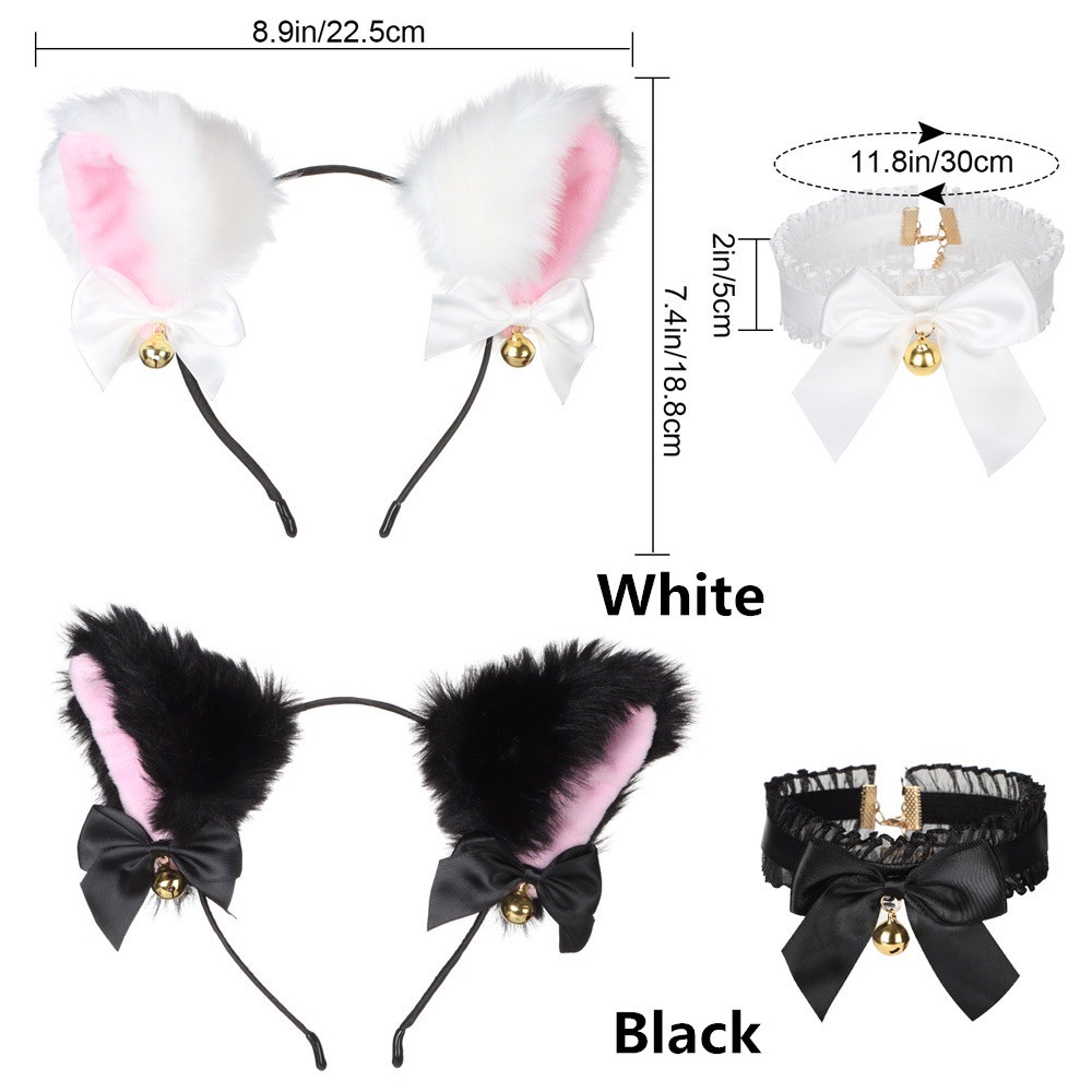 Set đồ hai món gồm cài tóc tai mèo bằng vải lông và vòng cổ với chuông dành cho thanh thiếu niên người lớn cosplay