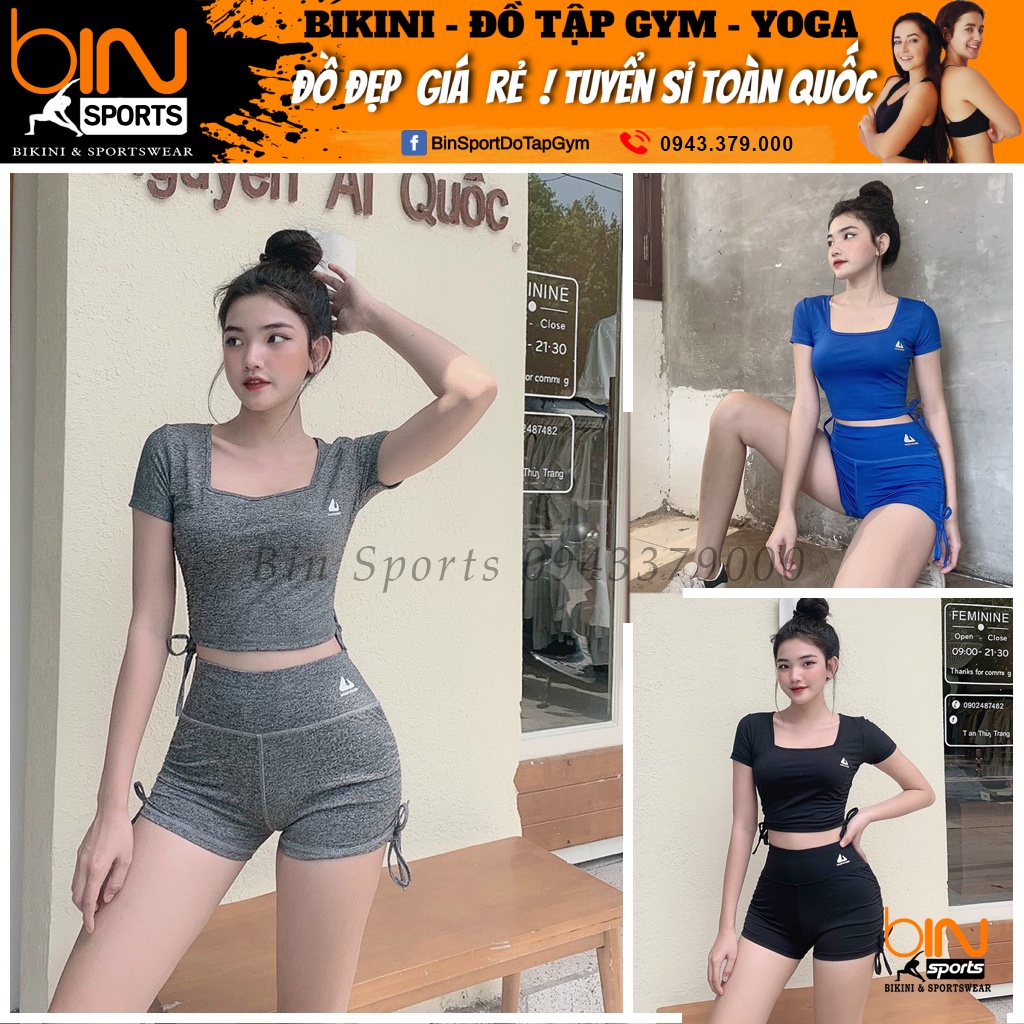 Set bộ đùi thể thao tập gym yoga nữ áo crop quần đùi dây rút Bin Sports BN028