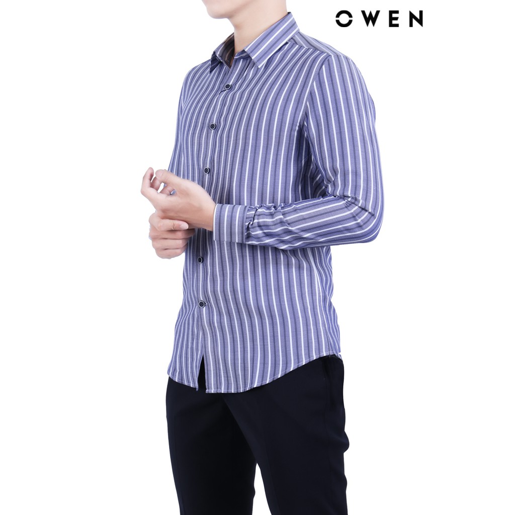 Áo sơ mi dài tay OWEN Bamboo Slimfit không túi màu xanh sọc - AS22248D