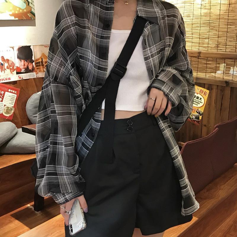 Áo sơ mi COZOKC tay dài chống nắng dáng rộng họa tiết sọc caro hợp thời trang