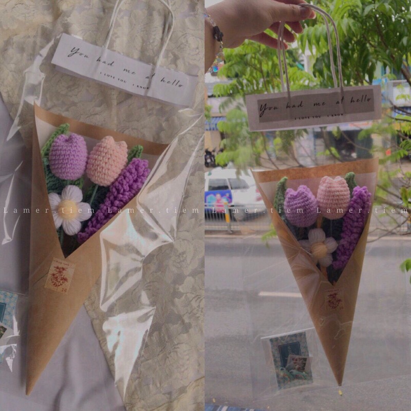 Bó hoa bằng len Tulip, lavender, daisy handmade/ Kem Hoa tặng bạn gái, tặng người thân/ Hoa trang trí