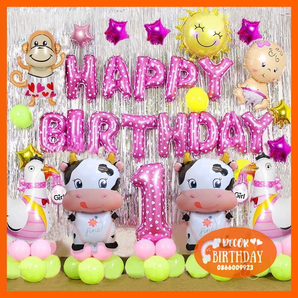 Set Trang Trí Sinh Nhật TUỔI TRÂU Cho Bé Gái, Bóng Y Hình Tặng Kèm Đồ Bơm Băng Dính Bóng