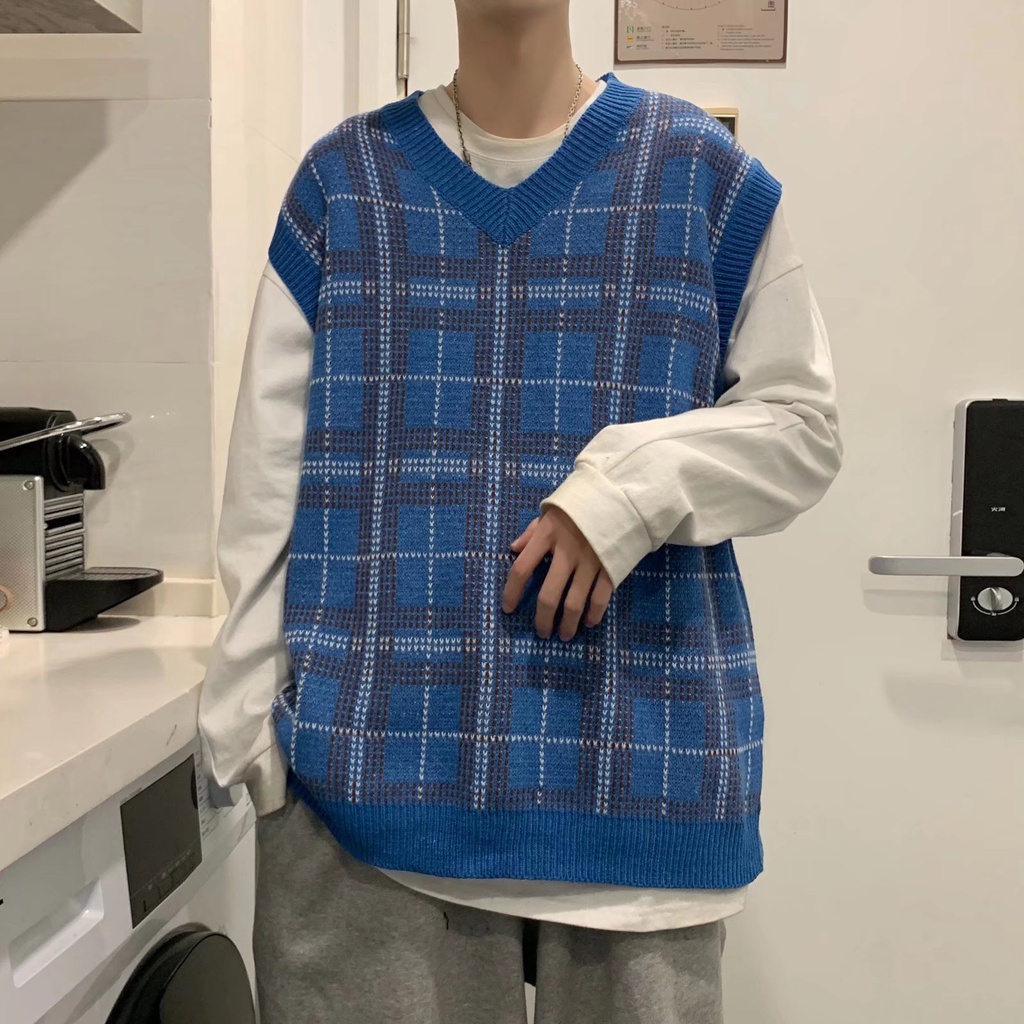 Áo gile nam dệt kim dáng ôm họa tiết sọc caro đơn giản phong cách hàn quốc thời trang thu đông cho fashion bigsize áo len vest unisex