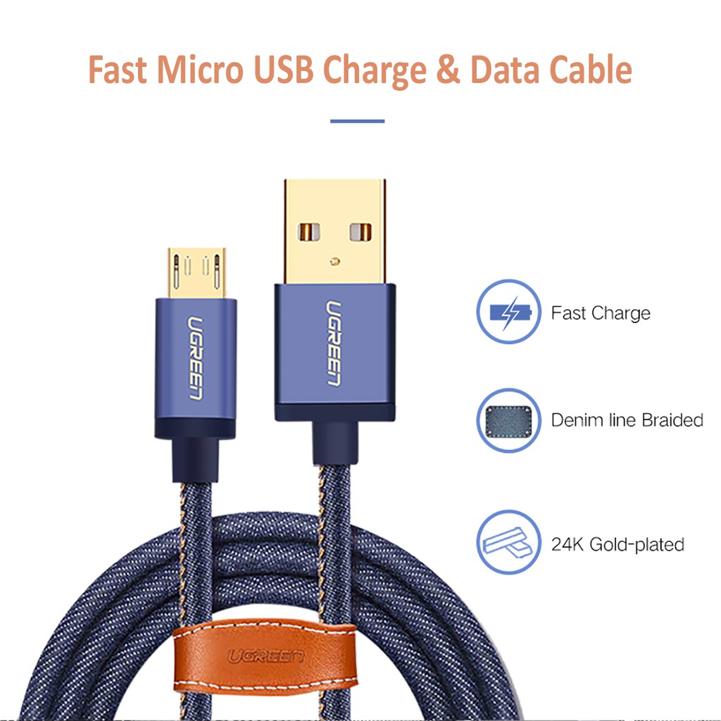 Cáp Sạc Điện Thoại Micro USB 2.4A Bện Jeans Cao Cấp UGREEN