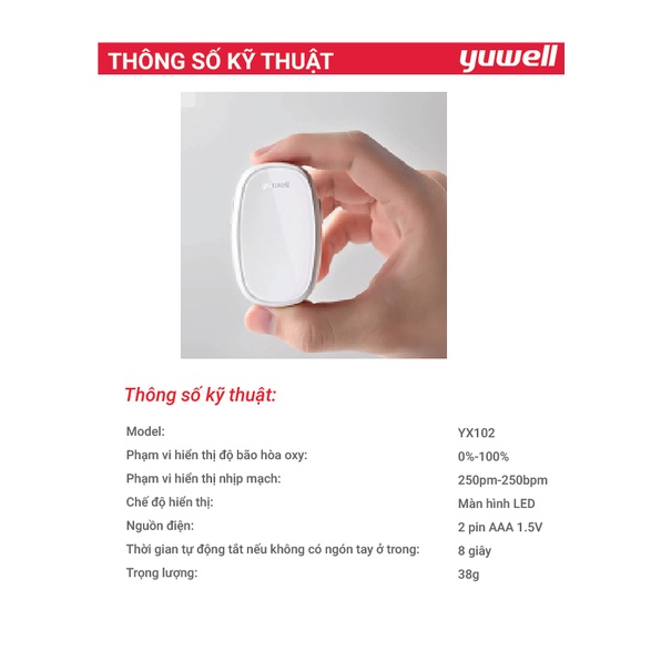 Máy đo nồng độ 0xy trong máu điện tử Yuwell YX102 - nhập khẩu chính hãng, bảo hành 24 tháng