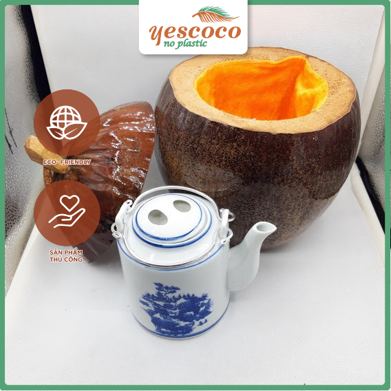 Bình Đựng Ấm Trà Trái Dừa kèm Bình trà Sành Giả Cổ và 6 tách trà|| YESCOCO XƯỞNG SX