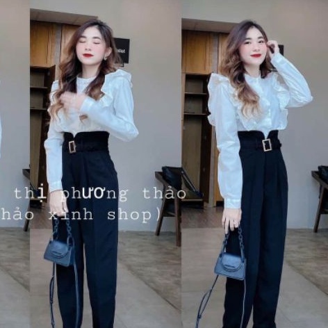 Áo sơ mi cổ trụ phối bèo CROPTOP tay dài UTNG