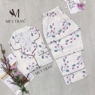 BỘ ĐỒ PYJAMA TAY NGẮN QUẦN DÀI HOẠ TIẾT HOA TÍM NỀN TRẮNG