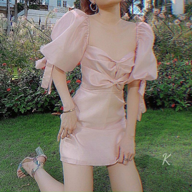 đầm hồng tafta xếp ngực