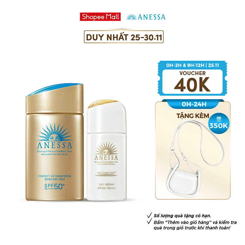 Bộ sản phẩm chống nắng dưỡng da ngăn ngừa lão hóa Anessa Gold Milk 60ml + Serum Dưỡng Da Chống Nắng 30ml