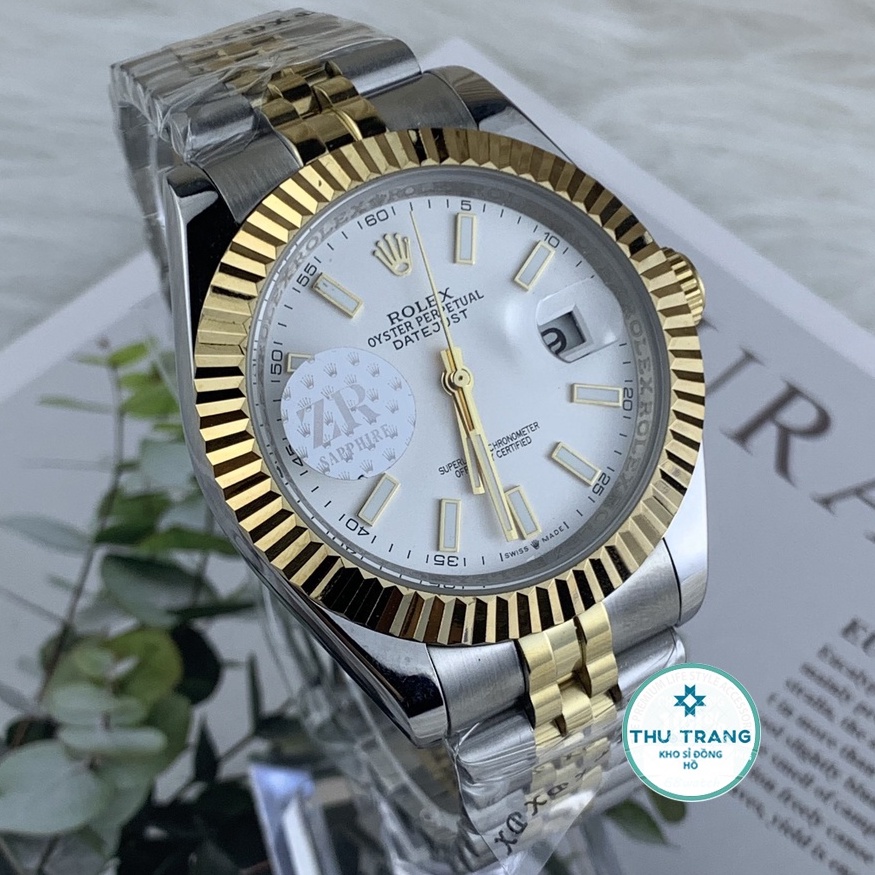 Đồng hồ Nam Rolex máy nhật, mẫu classic, mặt trắng viền vàng, dây kim loại, dòng cơ Automatic size 39mm-40mm