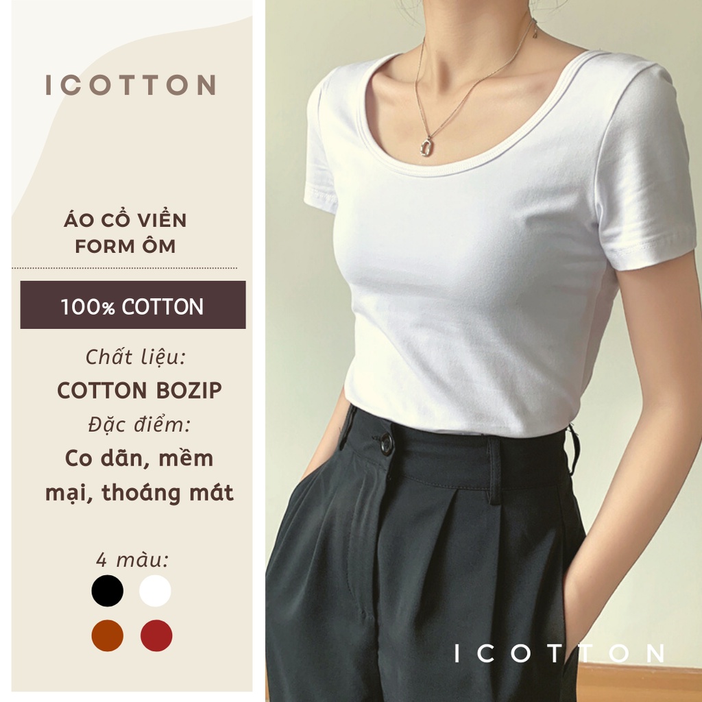 Áo thun nữ cổ vuông cộc tay iCotton form dáng ôm vừa tôn dáng basic chất đẹp cao cấp 100% cotton có biggsize