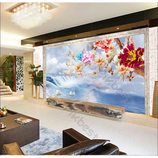 Hoa mẫu đơn và thác nước thiên nga,Tranh 3d dán tường hiện đại trang trí phòng khách phòng ngủ(tíchhợp sẵn keo)MS1181432