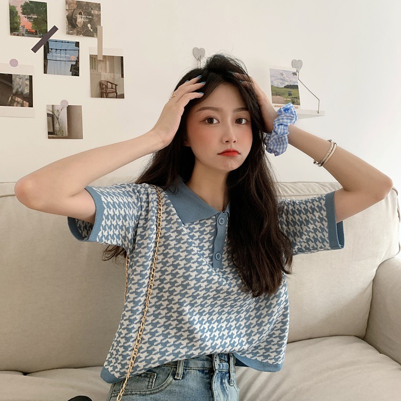 Áo Croptop Dệt Kim Tay Ngắn Dáng Rộng Cổ Bẻ 2 Màu Phong Cách Hàn Quốc Thời Trang Cho Nữ B-12