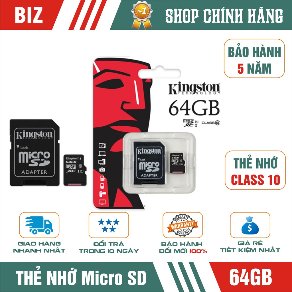 Thẻ nhớ 64GB Kingston MicroSD Class 10 (Kèm Adapter) - Bảo hành 5 năm