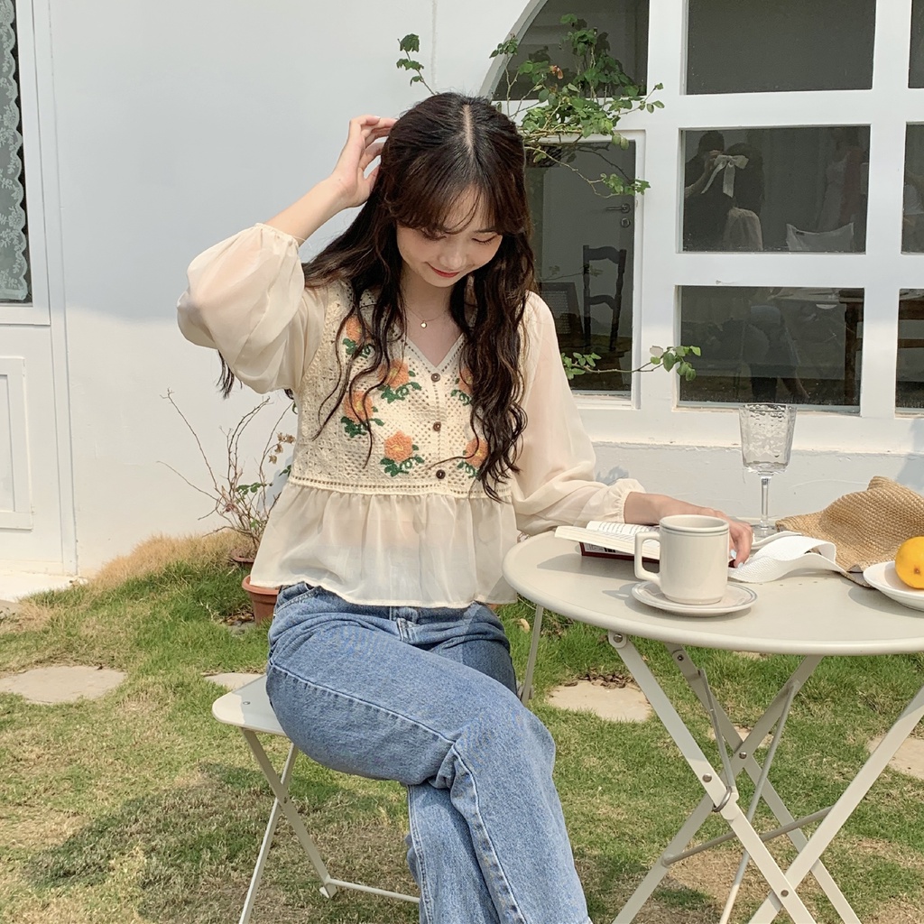 SUXI Áo Sơ Mi Tay Dài Cổ Chữ V In Họa Tiết Hoa Phong Cách Vintage Hàn Quốc