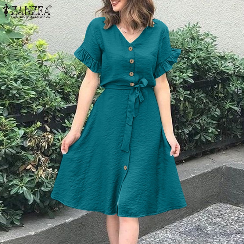 ZANZEA Đầm Tay Ngắn Cổ Chữ V Màu Trơn Cài Nút Thời Trang Cho Nữ