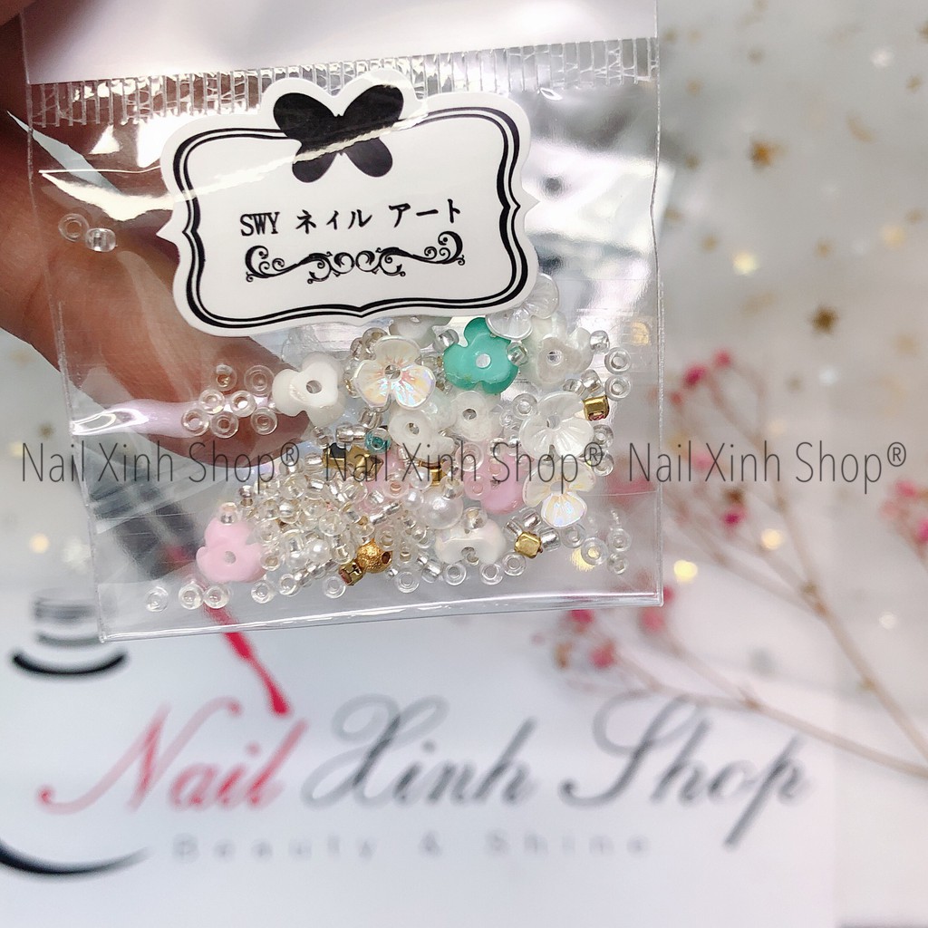 Túi mix đá nail,hoa,châu hạt,charm... phong cách Nhật, phụ kiên nail cao cấp, phụ kiện nail hot
