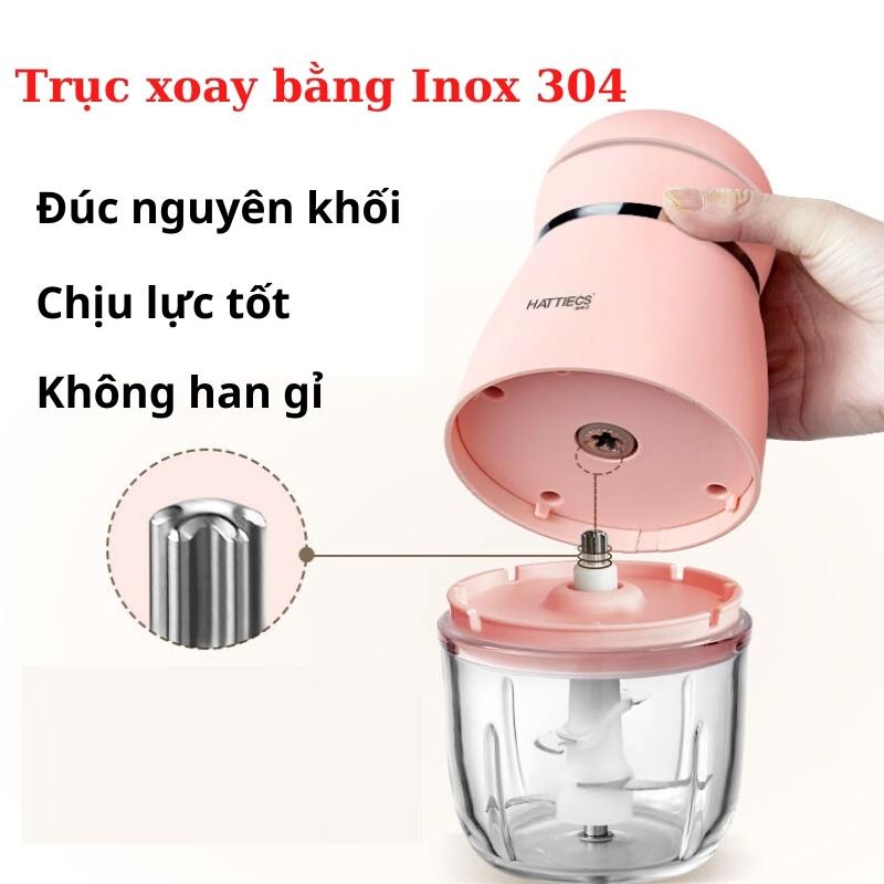 Máy xay ăn dặm Hattiecs cầm tay 6 lưỡi dao cối thủy tinh 0.3L Máy xay thịt đa năng cao cấp