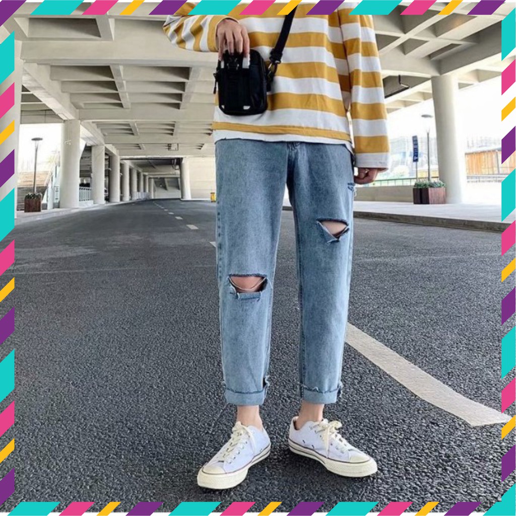 Quần baggy jean nam rách gối phong cách ulzzang siêu hot