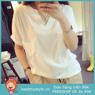Áo thun trắng nữ tay ngắn 2 túi cổ chữ V