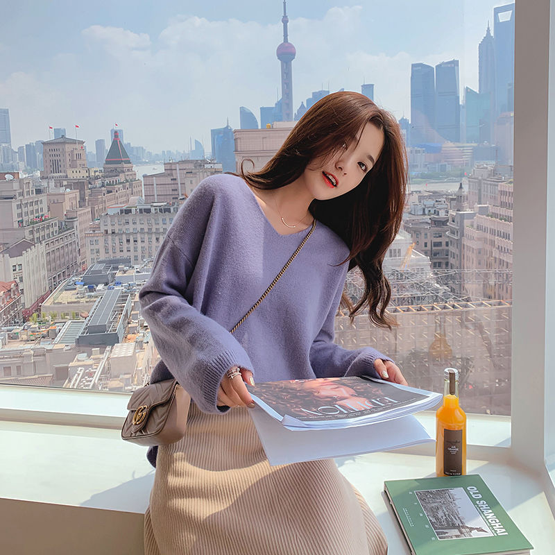 0265 Áo len dài tay cổ chữ V dáng rộng ngắn thời trang 8 màu | BigBuy360 - bigbuy360.vn