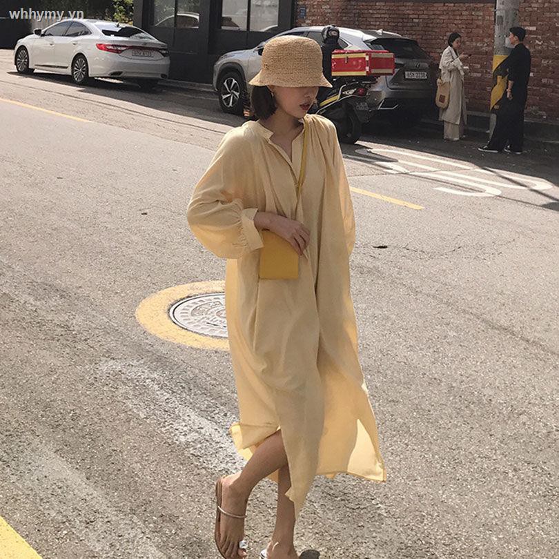 ▥Fashionable and easy-to-wear yellow plaid shirt v-neck dress for fall/winter 2021 new solid color puff sleeve [shipped within 7 days]