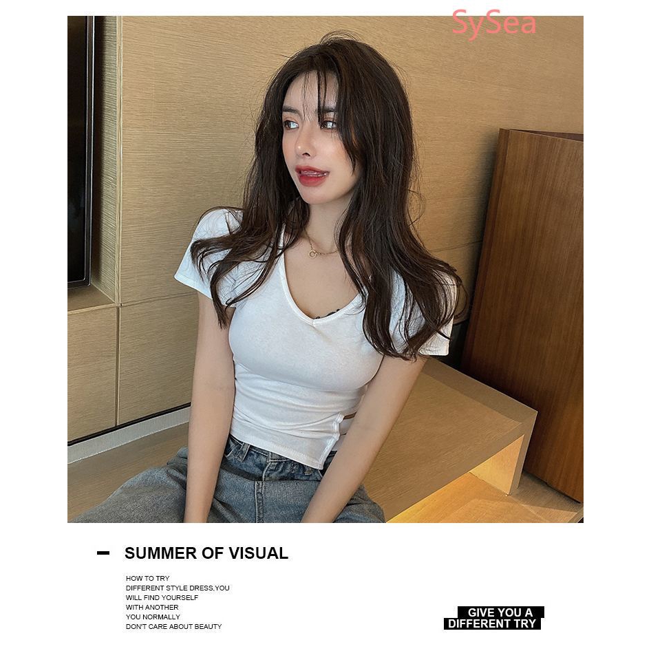 Áo Thun Tay Ngắn Cổ Chữ V Ôm Dáng Quyến Rũ Cho Nữ