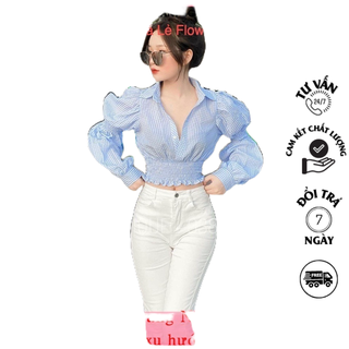 Áo Voan Caro Cổ Chữ V Tay Dài Nhún Bụng Dễ Thương  ,áo kểu nữ -PC56