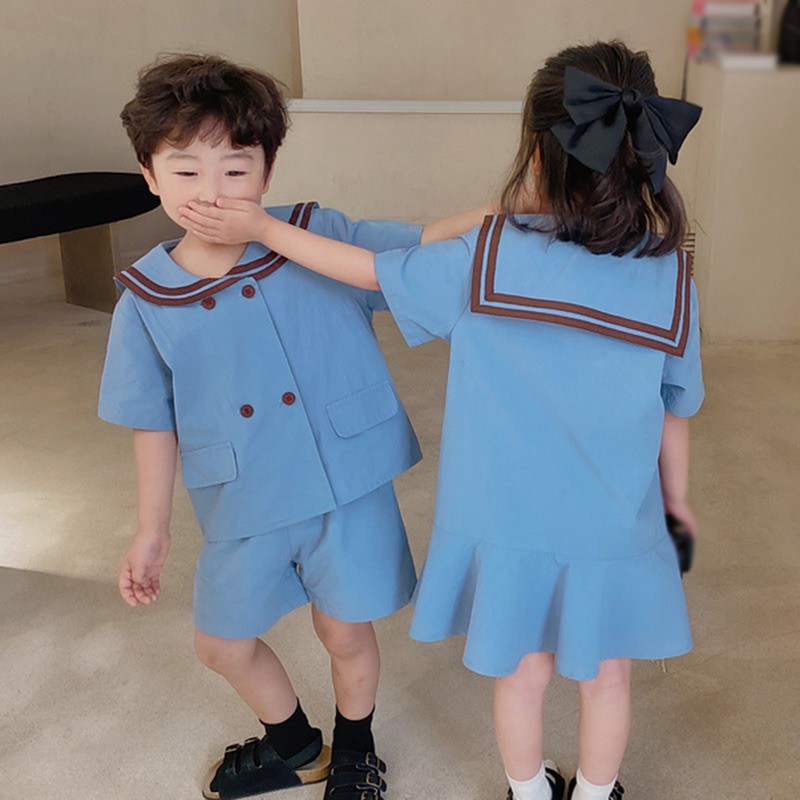 Đầm Tay Ngắn Cổ Bẻ Cài Hai Hàng Nút Phong Cách Hàn Quốc Thời Trang Cho Bé