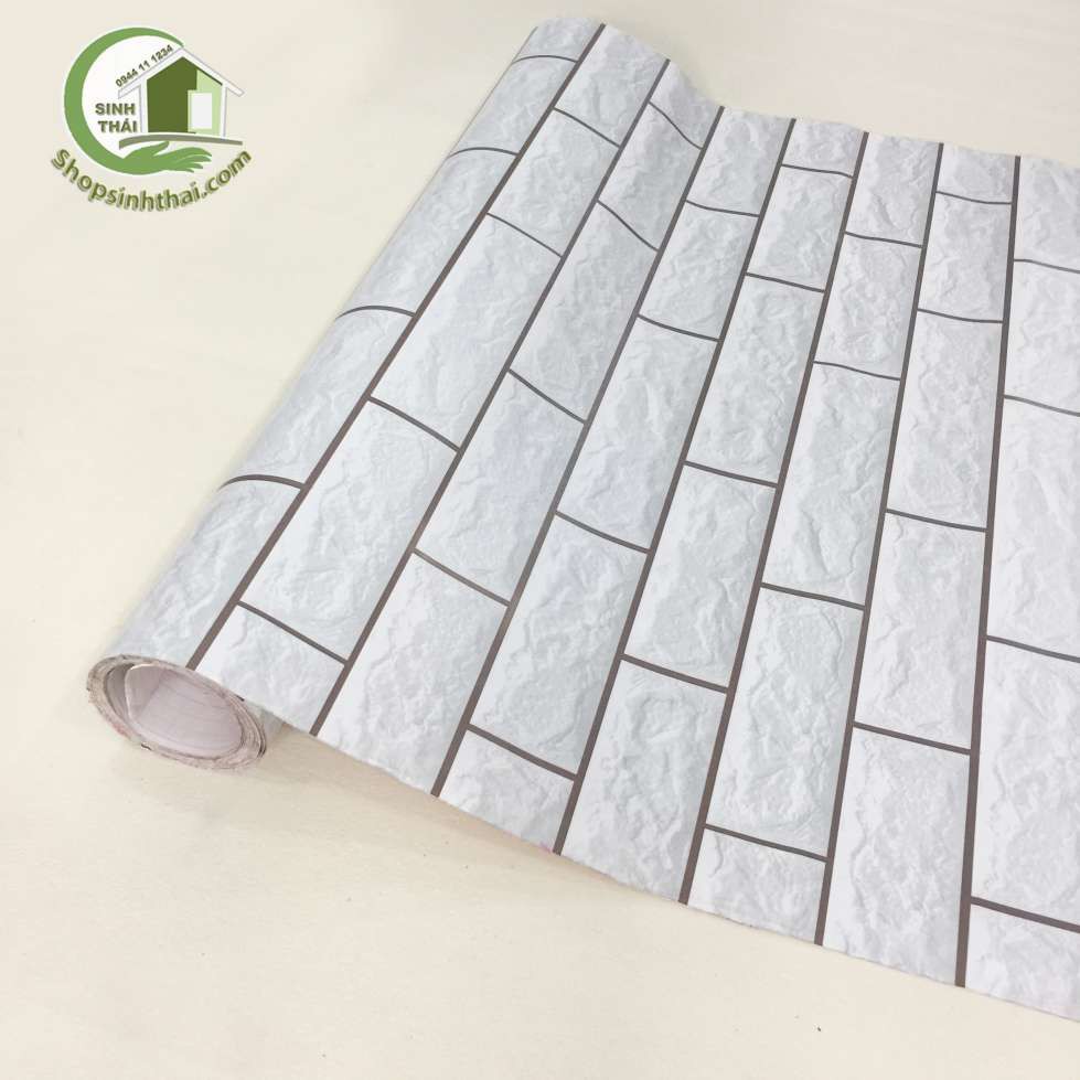 Giấy dán tường giả gạch màu xám trắng,  có sẵn keo