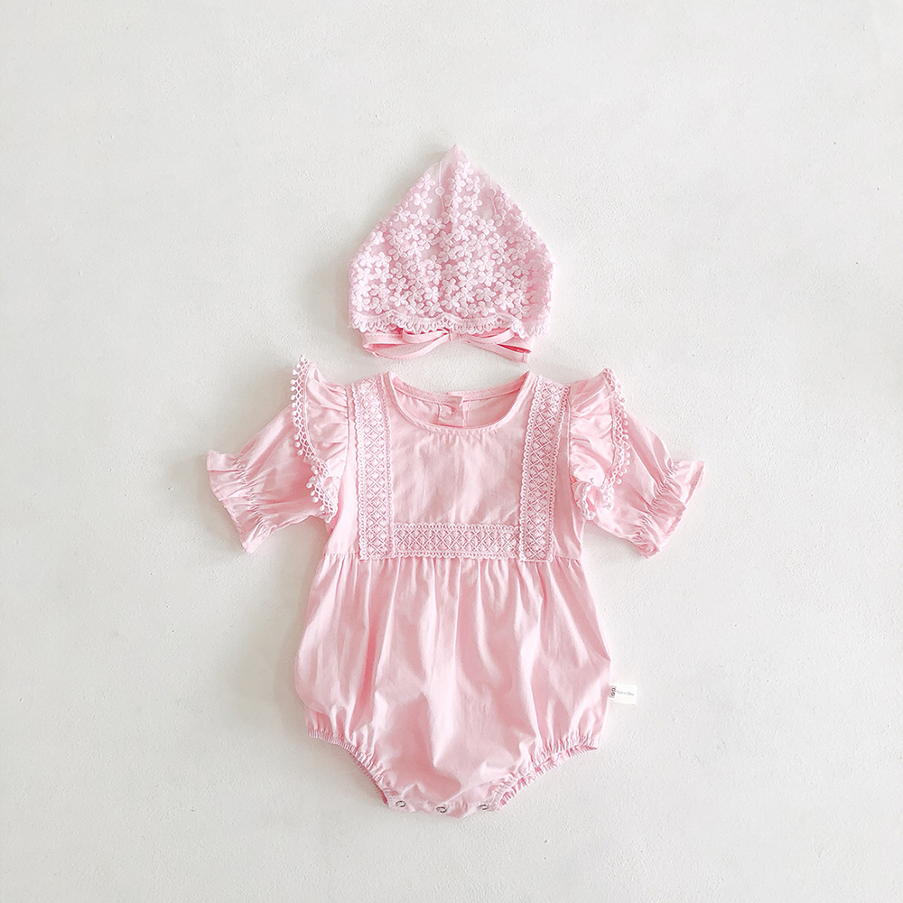 Set Jumpsuit Tay Ngắn Phối Ren Hoa + Nón Cho Bé Gái