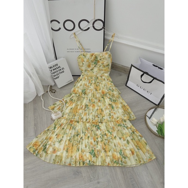 ĐẦM HOA VÀNG TẦNG 2 DÂY NHÍU NGỰC MIDI