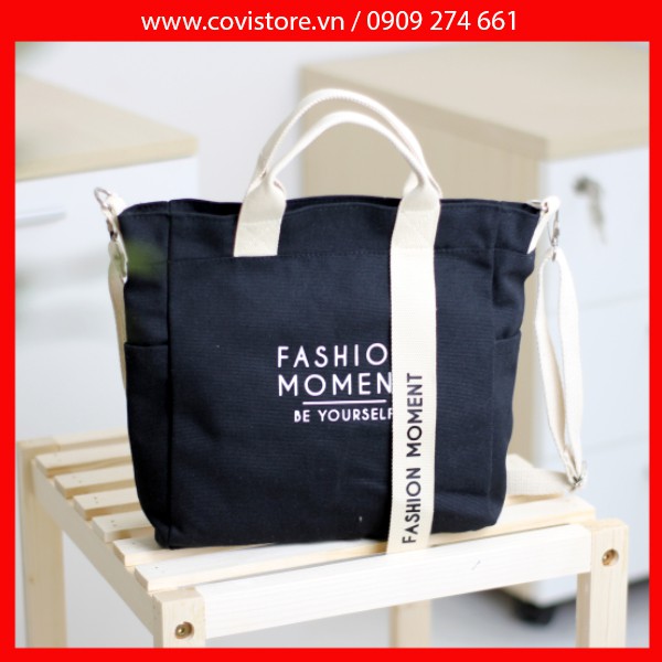 Túi vải Hàn Quốc, túi đeo chéo vải canvas phối chữ fashion moment thời trang Covi nhiều màu sắc T11