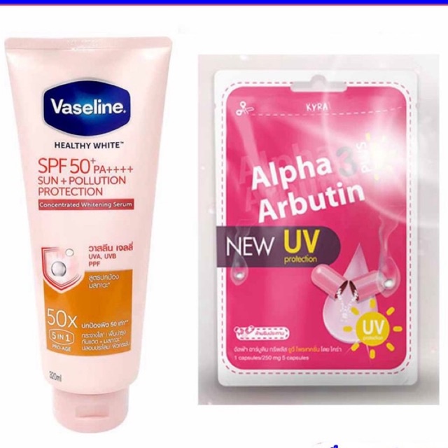 Combo Dưỡng thể Vaseline 50X 320ml + Bột Kích Trắng Alpha Arbutin Thái Lan