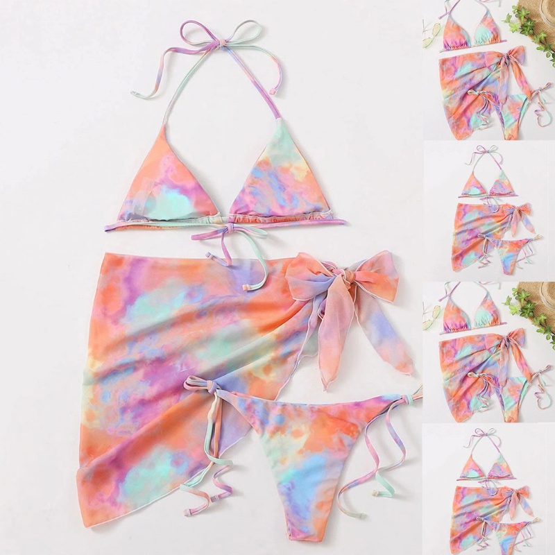 Phụ nữ Bikini set 3 Gradient Rainbow Bộ Áo Tắm Dây Với Sarong Che Váy Đi Biển Tắm Phù Hợp Với