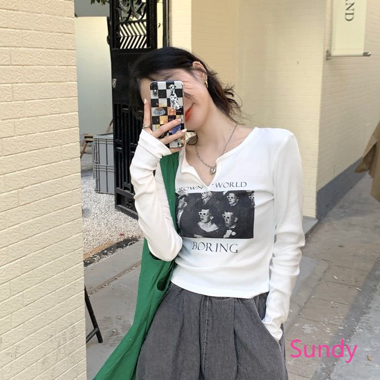 Áo Thun Tay Dài Cổ Chữ V In Họa Tiết Vintage Thời Trang Mùa Thu Cho Nữ