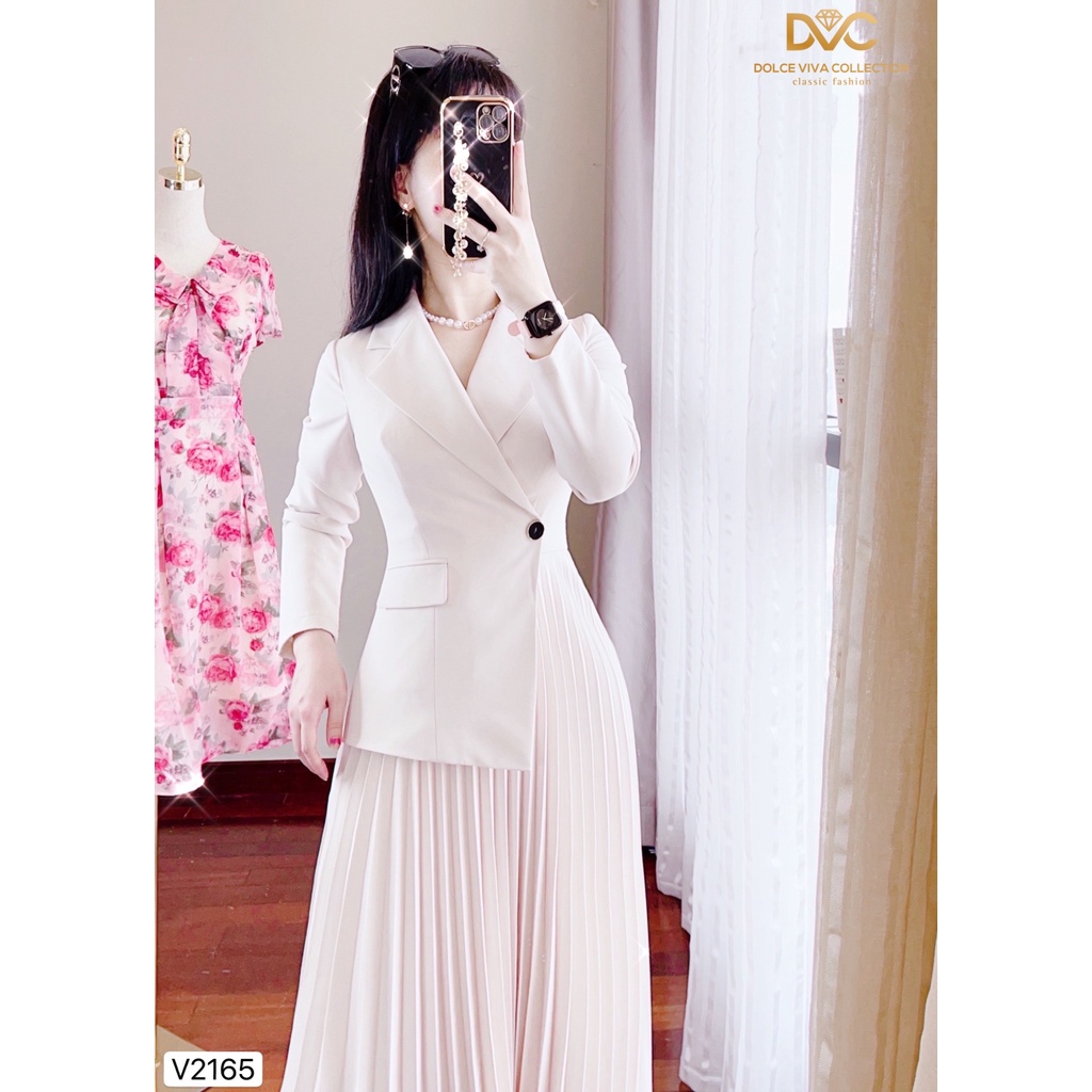 Váy be liền cổ vest chân dập ly V2165 (Ảnh mẫu và ảnh trải sàn do shop tự chụp)