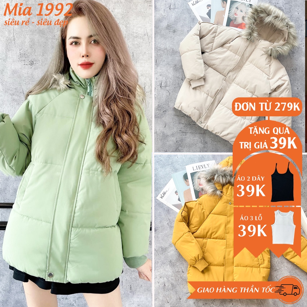 Áo phao béo nữ MIA 1992 cao cấp - áo phao béo lót lông 2021 dây rút eo sành điệu Ulzzang lông mũ tháo rời cực dày ấm