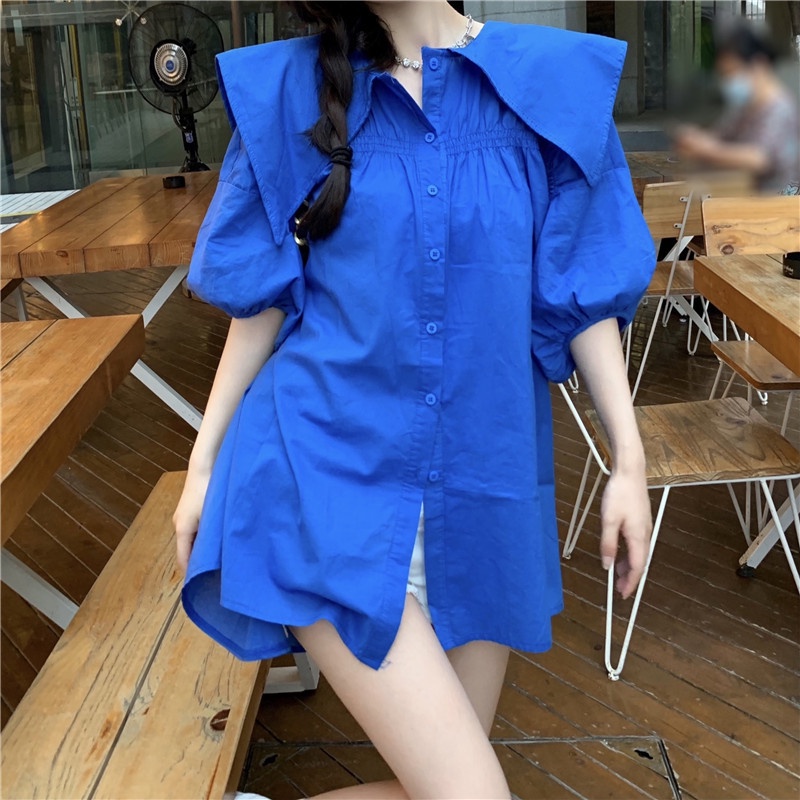 Áo sơ mi tay ngắn phồng cổ thủy thủ dáng rộng thời trang mùa hè Hàn Quốc mới cho nữ
