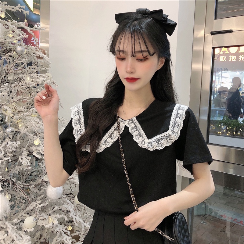 Áo Thun Tay Ngắn Dáng Rộng Cổ Búp Bê Phối Ren Phong Cách Hàn Quốc Xinh Xắn Cho Nữ